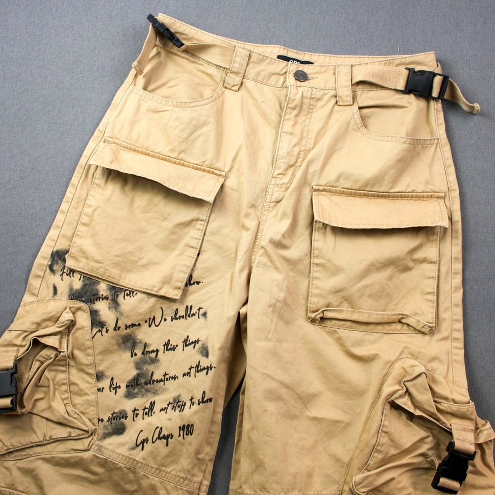 CPS Chaps Khaki Baggy Cargo Pants Wide Leg Drawstring Women's XS Graffiti Rave